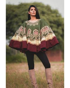 Collection Été Poncho Khadi 100% Coton Chic Ethnique Bohème Couverture Plissée à Carreaux Rouges Silhouette Élégante Cape à Bord Plissé - Product Image 2