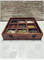 Premium Home Accessoires Sheeshamhouten rechthoekige kruidenbox met 9 compartimenten, gedroogd fruit, handgemaakte glazen deksel