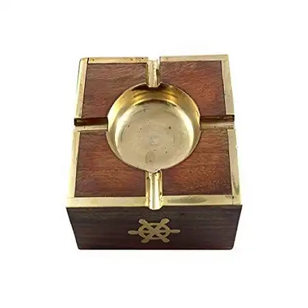 Indian Home Arts Carved Brown Wood Brass Ashtray For Manufacture and Supplier