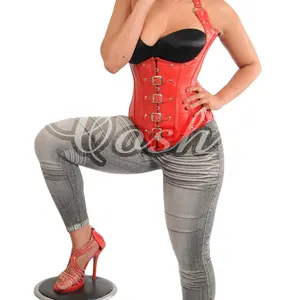 Kırmızı gerçek deri Underbust Halter kaplı % 100% pamuk bel eğitim cucorset korse tamamen Steelboned gotik tarzı Corsetry