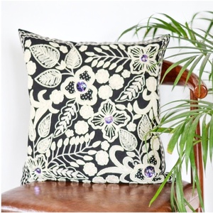 Floral Embroidered Square <b>Cushion</b> Cover Black <b>White</b> Bohemian Style Home Decor - Product Image 1