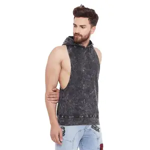 Acid Washed Hooded Stringer Vest for gym sports high quality custom made tank top for men with custom printing on wholesale