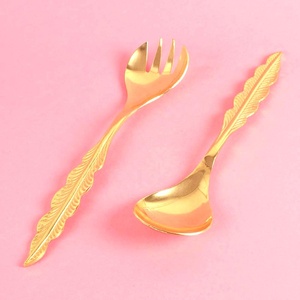 Amazing Long Leaf Embossed Design Handle <b>Gold</b> Salad Serving Set Best Selling Unique Flatware Stainless Steel flatware Set - Product Image 2