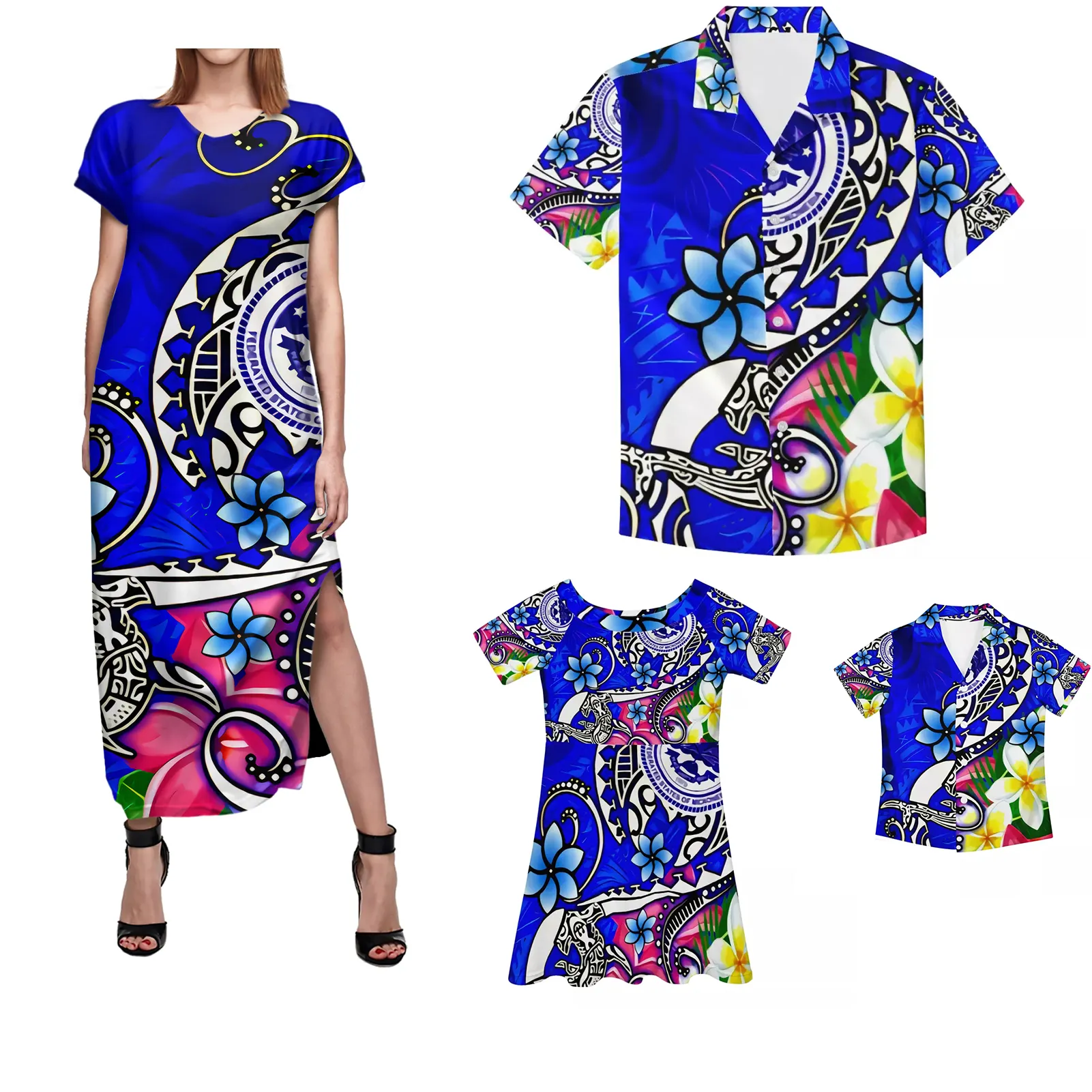 Hawaiian Polynesian turtle print (blue) beach wind large size beach comfortable dress and comfortable family parent-child 4 sets