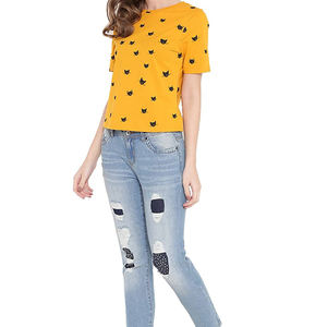Camiseta de mujer de manga corta de algodón puro 100% de color amarillo OEM con estampado personalizado de 180Gsm, Camiseta estampada de verano para mujer - Product Image 5