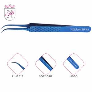 Pinzas de Punta curvada para extensiones de pestañas, pinzas de Punta curvada con diseño de corte de diamante, Punta curva de punta de aguja, color azul, Etiqueta Privada - Product Image 2