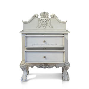 Bedside Carved Classic Solid Wood with <b>White</b> Antique Color Handmade 2 <b>Drawers</b> - Product Image 2
