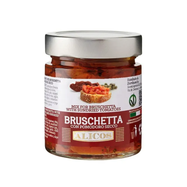 Made in Italy ready to eat preserved food mix with fresh tomato and sundried tomato for bruschetta