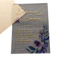 Carte d'invitation de mariage ou de fiançailles personnalisée, unique et élégante, en acrylique, impression offset CMJN, épaisseur 2 mm, 50 g, modèle 8, transparente dorée