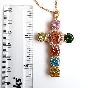 925 Sterling Silver and Brass <b>Cross</b> Pendant with Color CZ Gemstone Multi-Color Designed Religious Gift Gold Plated - Product Image 2