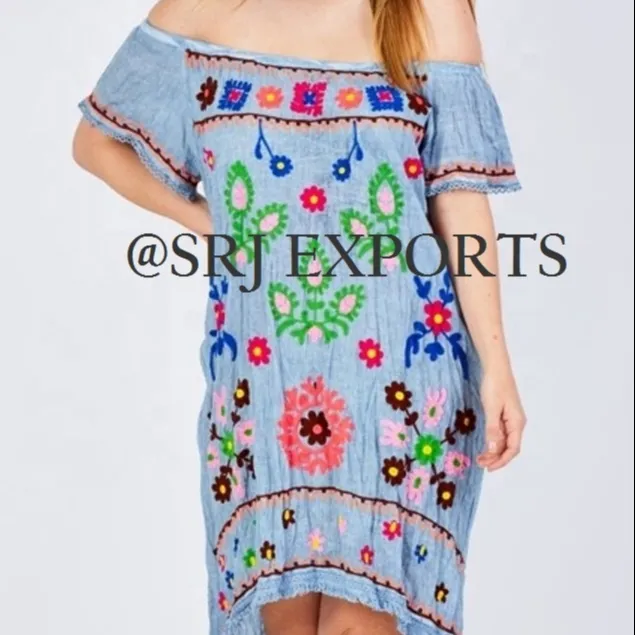 Most Selling Wholesale Factory Price Summer Luxury Cotton Off Shoulder Embroidered High-low Fringed Hem Women Short Dress Tunic