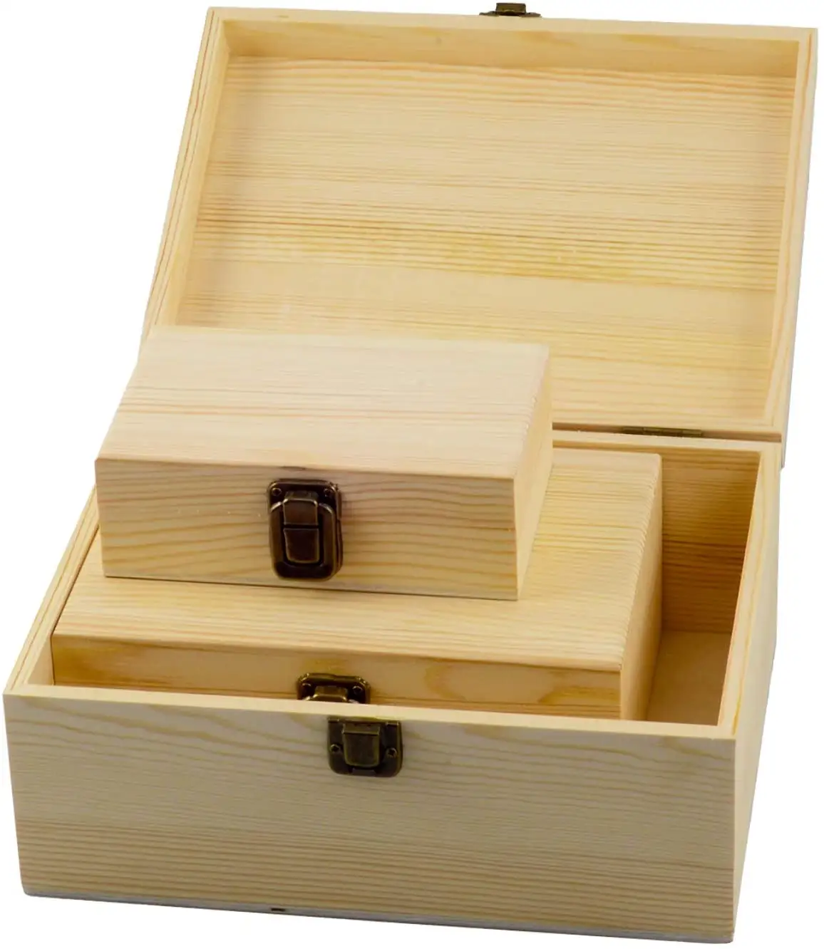 3 Different Size Pine Wooden Storage Boxes with Metal Locking Clasp, Unfinished Wooden Treasure Chest chmn4561