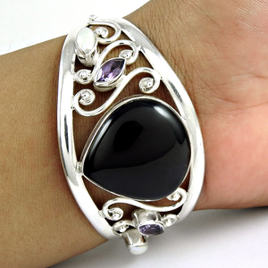 Solide 925 argent Sterling lourd nouveau Design multicolore améthyste perle et noir Onyx pierre précieuse manchette bracelet bijoux fins pour les femmes - Product Image 1