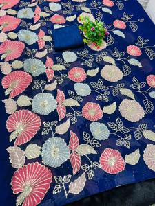 ส่าหรีผ้าจอร์เจียสำหรับผู้หญิงดีไซน์ใหม่ล่าสุดผ้าปักลายแฟนซีแฟชั่นล่าสุดช้อปปิ้งออนไลน์ - Product Image 6