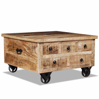 Table basse en bois de manguier massif de fabrication indienne moderne Blue Ocean CT-52021 pour salon, 3 tiroirs petits, 2 tiroirs grands, roulettes métalliques, légère