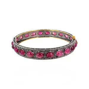 14k Yellow Gold Pave Diamond Pink Tourmaline Bangle Bracelet Jewelry Supplier