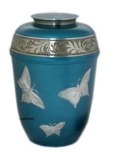 Urna Funeraria Europea de Aluminio Plateado con Destellos Azules para Cenizas Humanas, Tamaño Adulto, Diseño de Mariposa, Recipiente Conmemorativo para Cenizas - Product Image 3