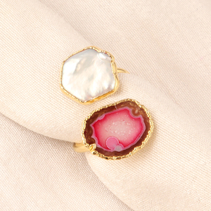 Geoda irregular natural con anillo abierto de perla de agua dulce para mujer chapado en oro ajustable uso diario anillos de ágata natural - Product Image 3