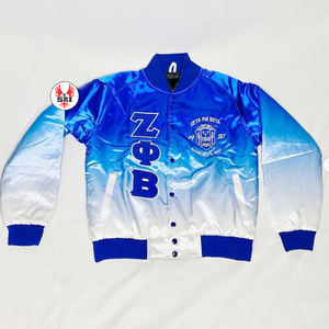 Veste bomber en satin sublimée de la sororité Zeta Phi Beta, lettres grecques, bleu or, 100% polyester satin. - Product Image 1