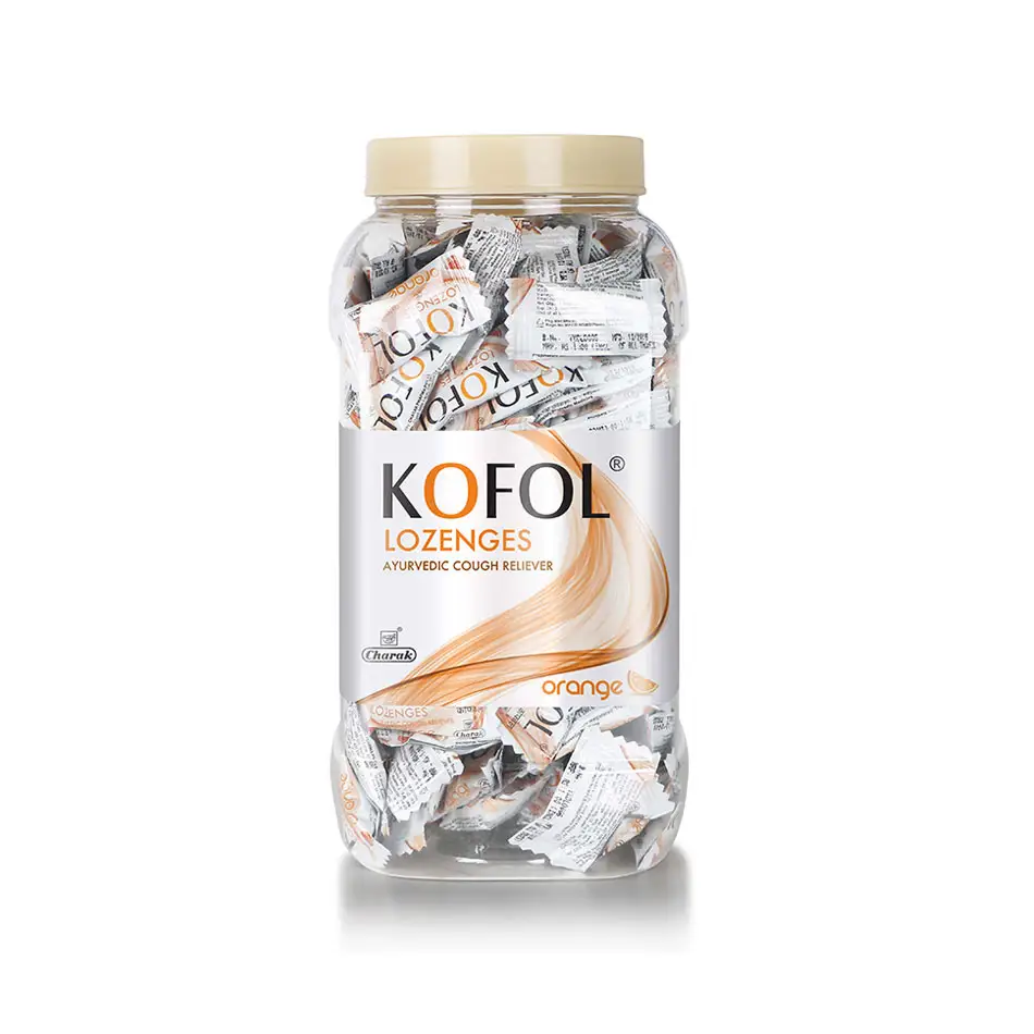 Charak Kofol Zuigtabletten Jar (Oranje)-Een Natuurlijke Remedie Om Hoest Te Verlichten, bulk Gezondheidszorg Producten Leverancier India.