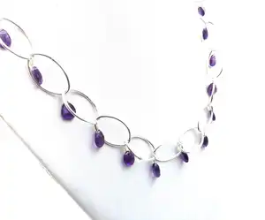 天然蓝色紫水晶刻面梨形宝石92.5纯银20英寸长带耳环手工项链