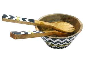 Finition polonaise brune brillante et de forme ronde avec revêtement en émail Salade de service en bois de mangue - Product Image 2