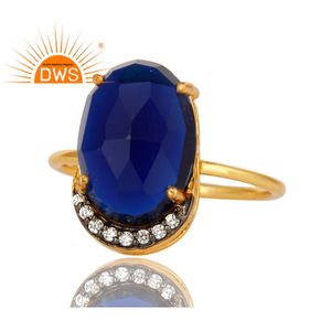 Corindon bleu Pierre Gemme Serti de griffes Bague Bijoux 14k Plaqué Or 925 Argent Anneau De Déclaration Bijoux Grossiste - Product Image 2
