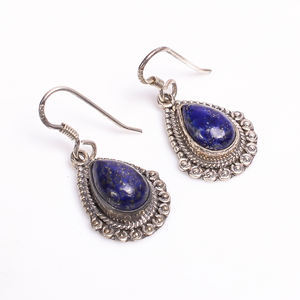 Boucles d'oreilles en lapis-lazuli en forme de goutte, en alliage d'argent sterling 925 plaqué noir, style filigrane vintage, pendantes, faites à la main, bijoux en pierres précieuses - Product Image 1