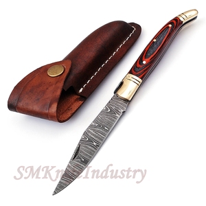 Cuchillo de bolsillo forjado a mano, cuchillo plegable de Damasco hecho a mano con funda de cuero (smk1688) - Product Image 6