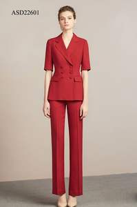 Ensemble costume pour femme tendance, tenue formelle pour les filles d'affaires, couleur rouge, manches courtes, pantalon, 2 pièces, été - Product Image 2