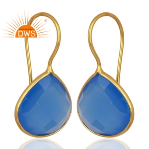 Yellow Gold Plated 925 Silver Hook Earrings Faceted Pear Blue Chalcedony Gemstone Earrings Jewelry Suppliers - Product Image 2