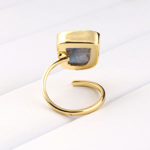 Bague en pierres précieuses de haute qualité labradorite fougueuse naturelle bague réglable ouverte avant bague en laiton plaqué or bague de réglage - Product Image 6