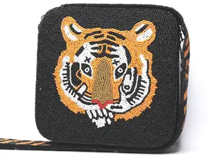 Wild Jungle Tiger Seed Beaded Game Day Crossbody Box Bag with Beaded Strap