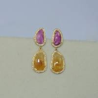 Natürliche Rosa & Gelbe Saphir-Edelstein Ohrringe in Fantasieform, aus 925 Sterling Silber