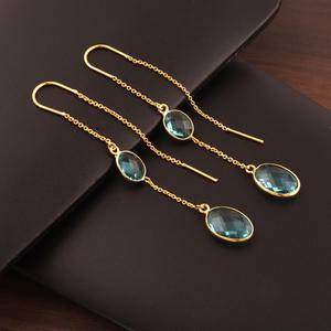 Boucles d'oreilles à facettes ovales à Quartz bleu suisse, Style fil aiguille plaqué or, ensemble de lunette, boucles d'oreilles à chaîne fine - Product Image 5