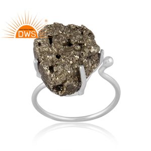 Trendy Top Selling Fine Sterling Silver <b>Adjustable</b> <b>Ring</b> Pyrite Druzy Gemstone <b>Ring</b> for Christmas Jewelry Supplier - Product Image 3