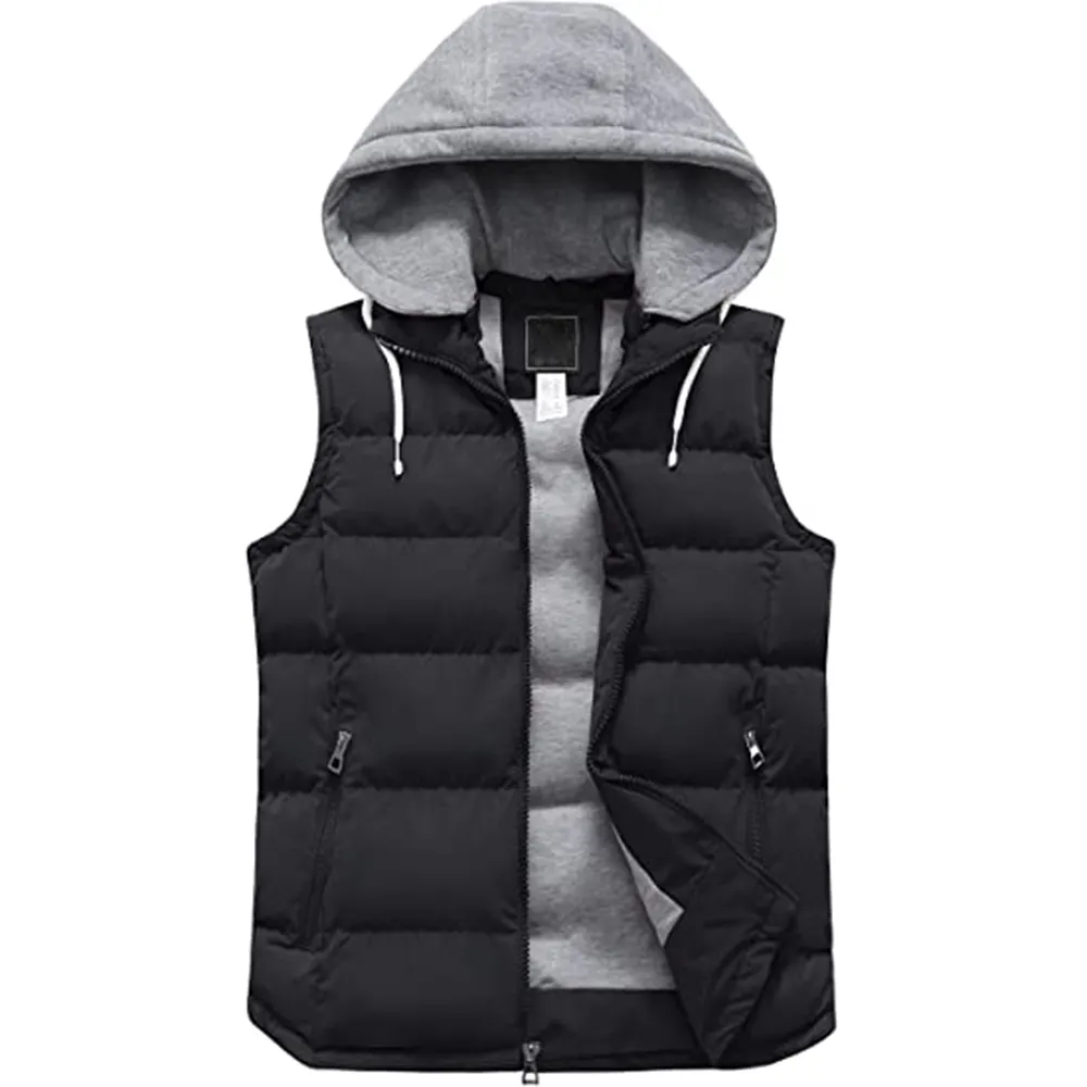 Fashion Wear Men's Puffer Vest With Gray Removable Hood Casual Winter Puffy vest in Black Color