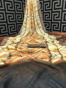 ส่าหรีผ้าคอตตอนพิมพ์ลายสำหรับผู้หญิงผ้าส่าหรีมีชิ้นเสื้ออินเดีย - Product Image 3