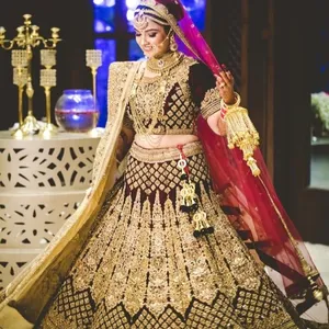 2022设计师金色莱恒加女性婚礼和特殊场合网购婚纱，印度苏拉特