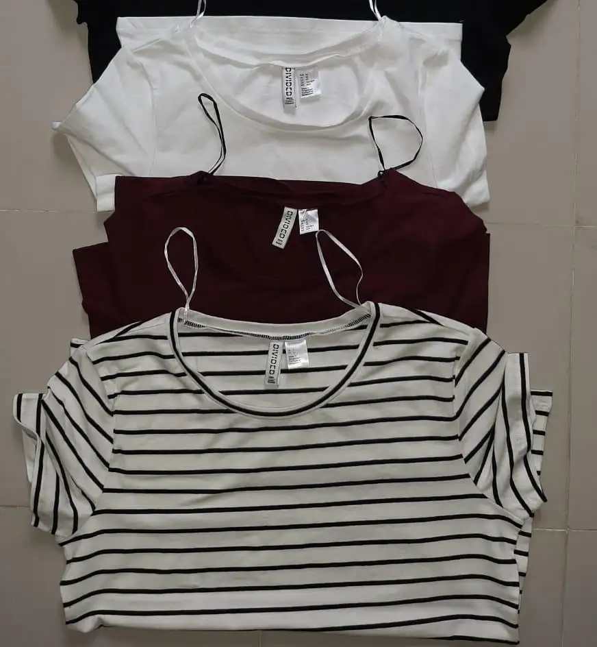 High Quality 100% Exports Branded Labels Garments Surplus Women's Ladies Short Sleeve Solid Striped Casual T Shirts Stock Lot