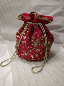 PRETTY POTLI BAG BEAUTIFUL WHITE WORK LATCAN & STYLISH ZARI EMBROIDERY on SILK FABRIC for PARTY & <b>WEDDING</b> @ 2022 - Product Image 2