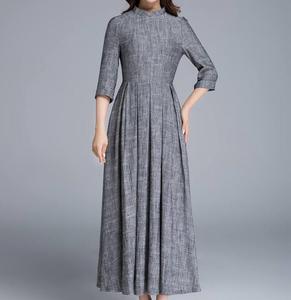 เดรสผ้าลินินของผู้หญิงแขนยาวคอกลมสีเทาอ่อนใหม่ล่าสุดแฟชั่นฤดูร้อน - Product Image 6