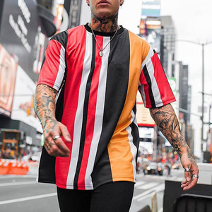 Wholesale Men Clothing Multi Color Cotton Polyester Crew Neck Vertical Striped gym T <b>Shirt</b> - Product Image 5