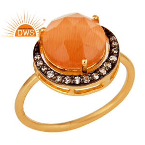 White Zircon Peach Moonstone Gemstone Engagement Ring Suppliers Jewelry 925 Silver 18k Gold Plated Ring Jewelry Wholesaler - Product Image 1