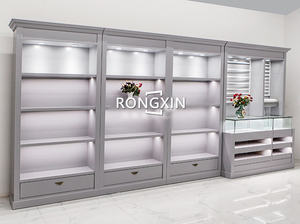 Estante de Exhibición con Panel Trasero de MDF Gris, Muebles con Estantes de Exhibición LED, Estante de Exhibición de Pared Personalizado para Boutique con Cajones - Product Image 3