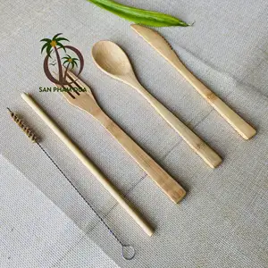 SET di posate e paglia di bambù da viaggio ecologico con coltello forchetta cucchiaio di paglia di bambù riutilizzabile PUNCH in cotone