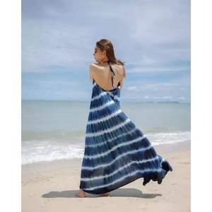 Wholesale Price New Women's Blue Tie Dye Maxi <b>Dress</b> Casual <b>Summer</b> Style <b>Sexy</b> Backless Floor-Length with Sweet Touch - Product Image 1