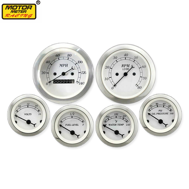 New 85mm 52mm Motor Meter Racing Mechanical White Dial Black Needle Classic 6 Gauge Set MPH for Automotive