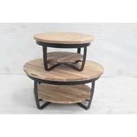 Table basse industrielle moderne de forme ronde plateau en bois d'acacia massif avec base en fer convertible pour salon bureau salon café
