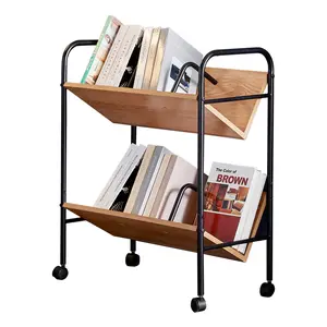 Carrito de libros de madera con ruedas móviles bloqueables, organizador de libros para el hogar